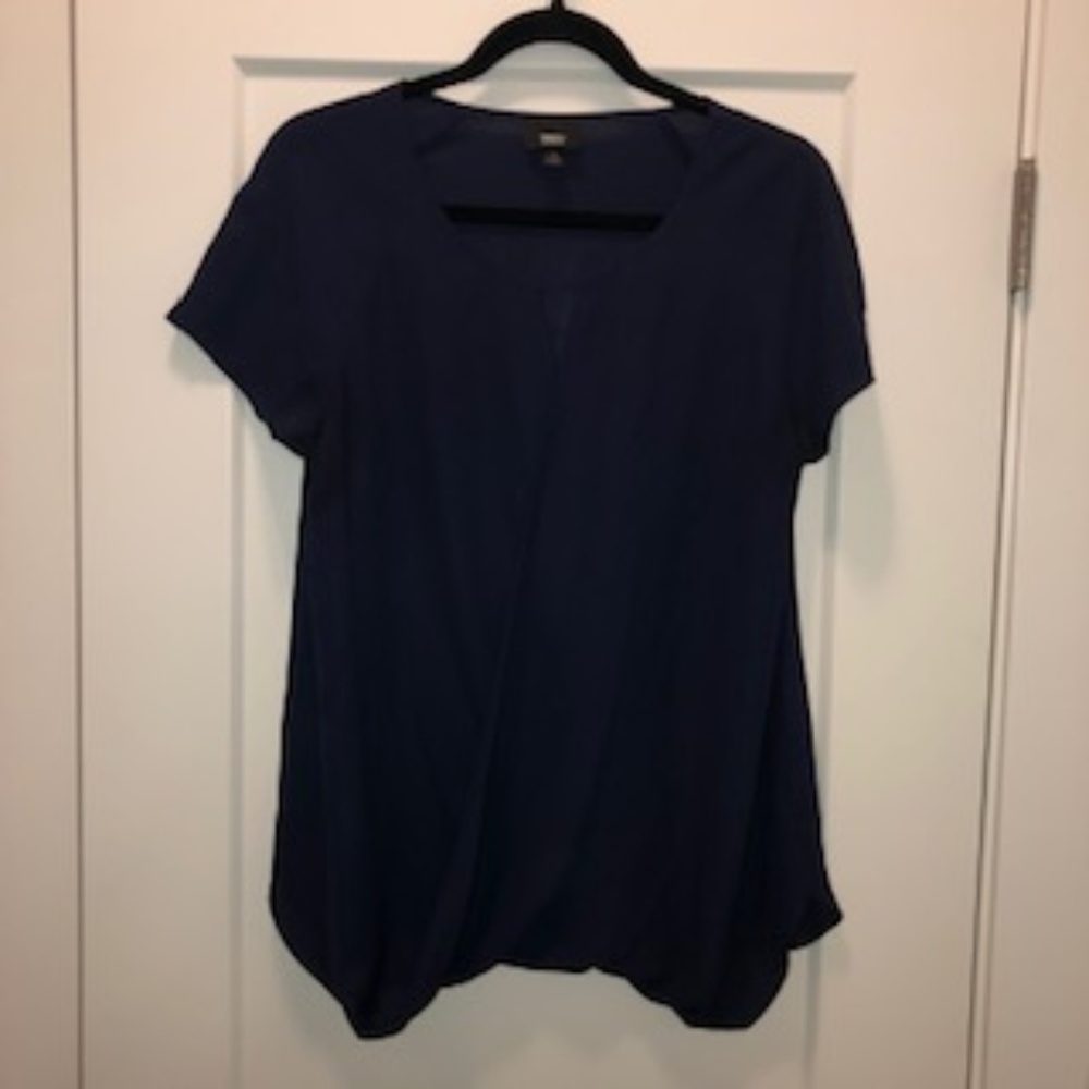 Navy cross front rayon short sleeve blouse